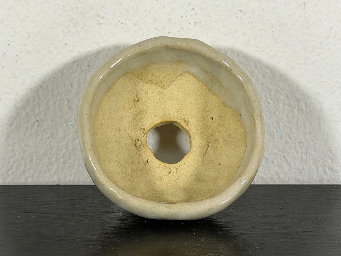 Preowned Japanese Tokoname Glazed Round Bonsai Pot With Stamp - 2” By 1”