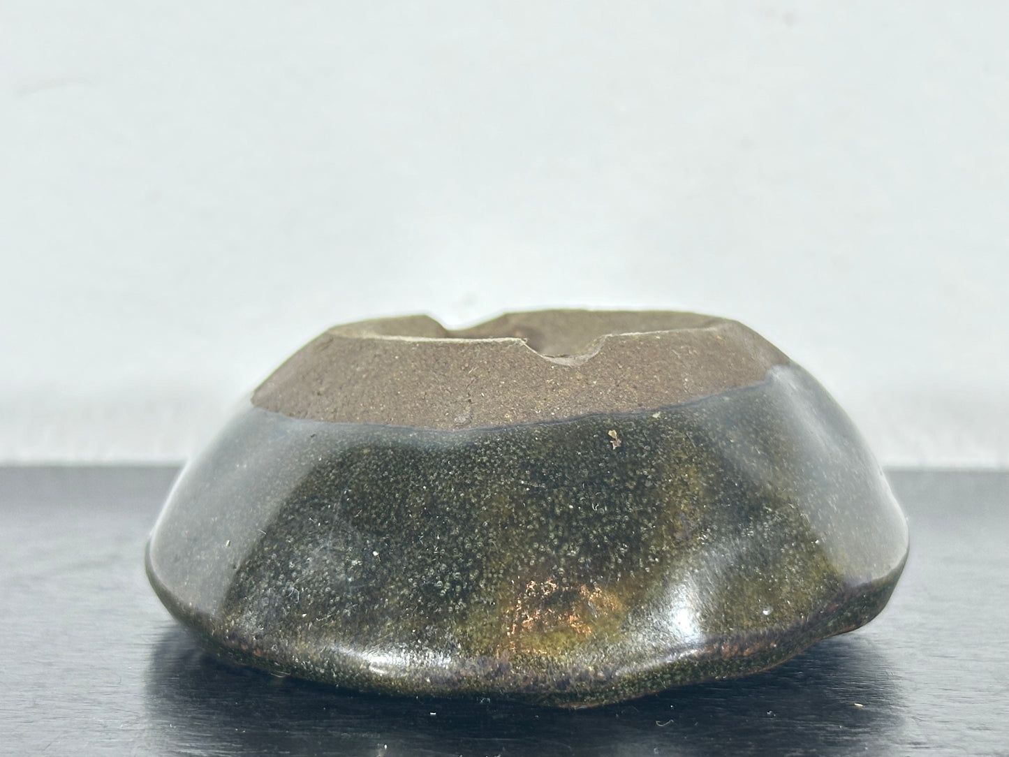 Preowned Japanese Tokoname Mame Glazed Round Bonsai Pot with Rozan - 3” By 1 1/8”