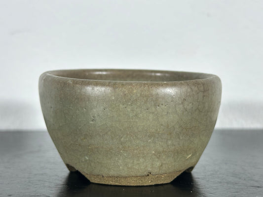 Preowned Japanese Tokoname Mame Glazed Round Bonsai Pot with Stamps - 2 3/8” By 1 3/8”