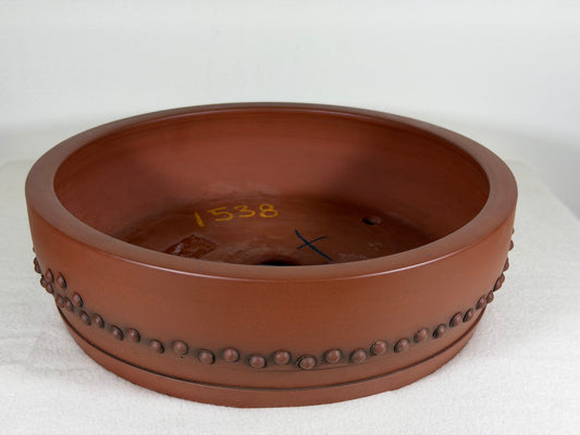 Preowned Japanese Tokoname Unglazed Drum Style Bonsai Pot Itutouen - 10.25” By 2 7/8”