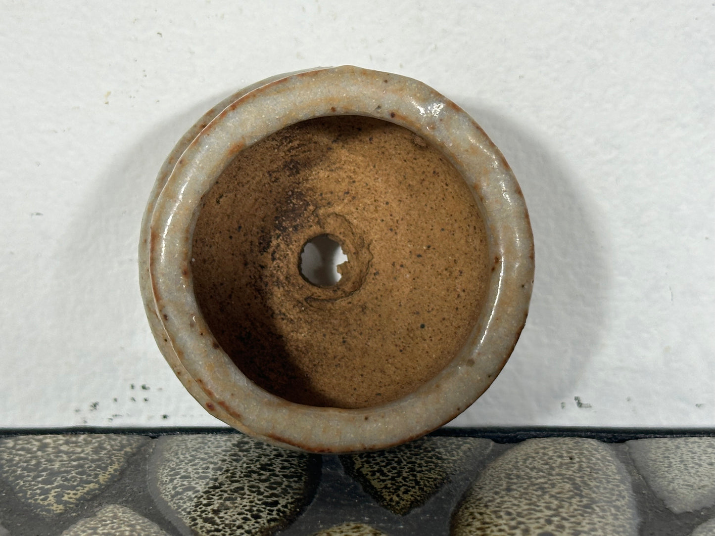 Preowned Japanese Tokoname Glazed Round Bonsai Pot with Stamps - 2” By 1.25”