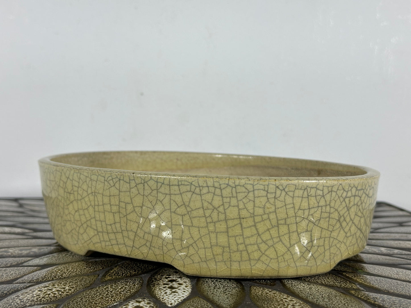 Preowned Japanese Tokoname Glazed Oval Bonsai Pot Mazan Terahata - 8.75” By 7”