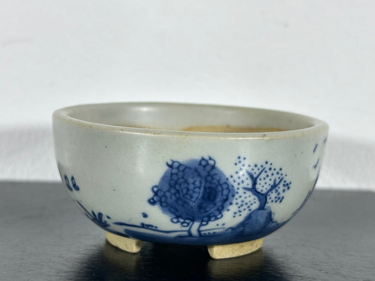 Preowned Japanese Tokoname Hand Painted Round Bonsai Pot Marutou with Patina - 2.75” By 1.25”