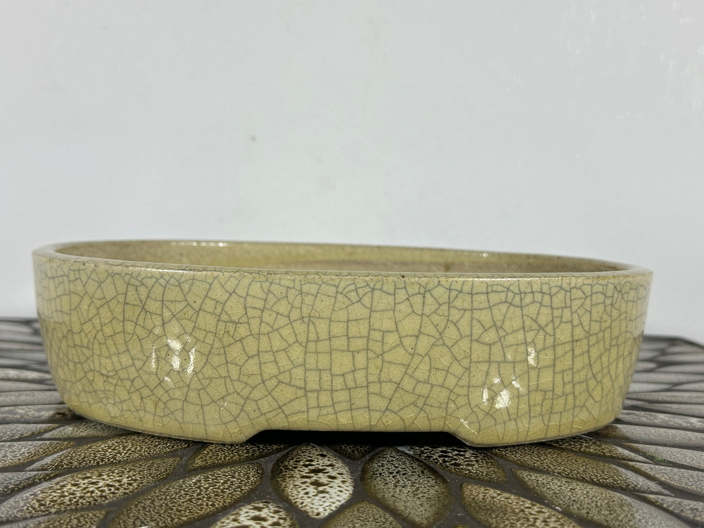 Preowned Japanese Tokoname Glazed Oval Bonsai Pot Mazan Terahata - 8.75” By 7”