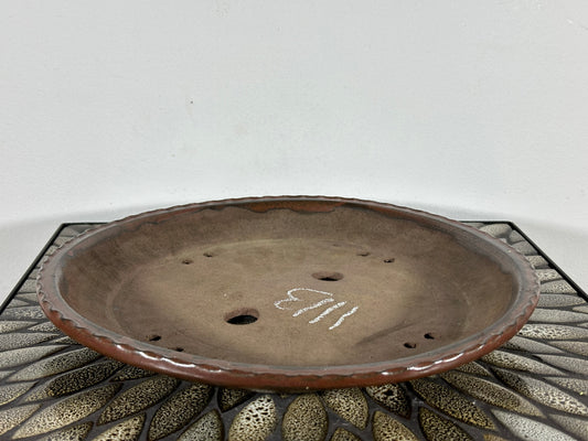 Preowned Japanese Tokoname Glazed Round Shallow Bonsai Pot Shigaraki - 12.75” By 1.35”