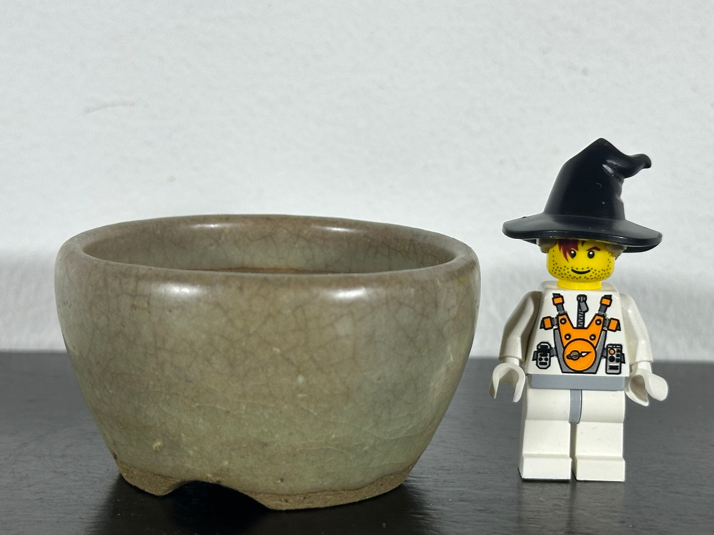 Preowned Japanese Tokoname Mame Glazed Round Bonsai Pot with Stamps - 2 3/8” By 1 3/8”