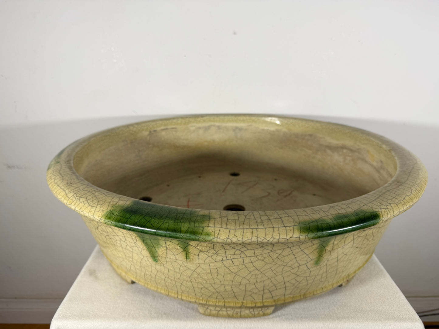 Preowned Vintage Japanese Tokoname Glazed Round Bonsai Pot Mazan Terahata - 20.75” By 6.25”