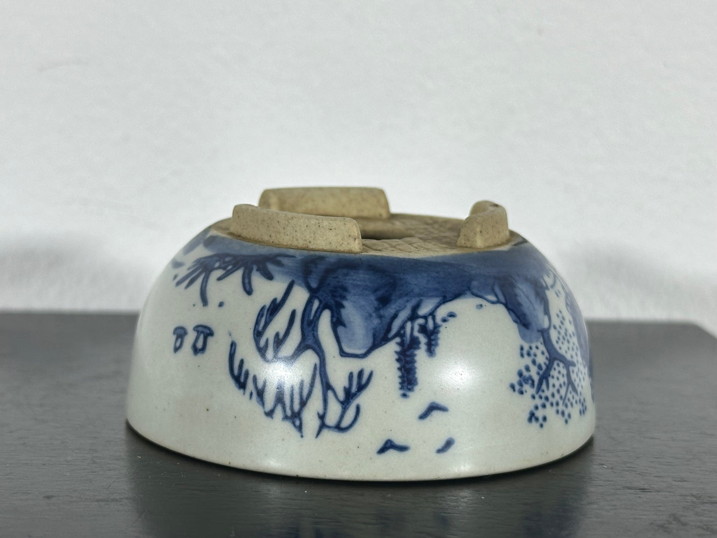 Preowned Japanese Tokoname Hand Painted Round Bonsai Pot Marutou with Patina - 2.75” By 1.25”