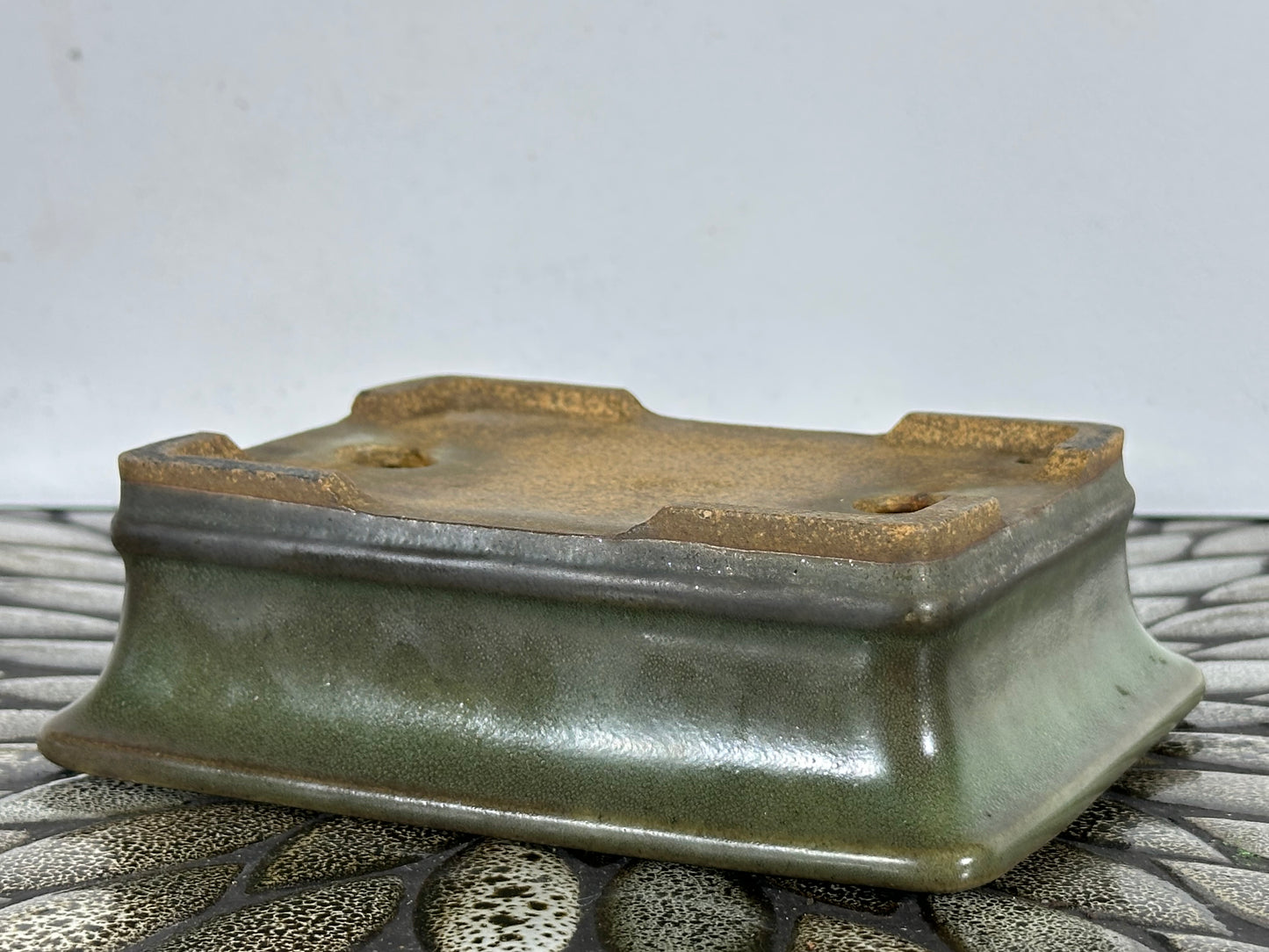 Preowned Japanese Tokoname Glazed Rectangular Bonsai Pot Hatutori with patina - 6.25” By 5”