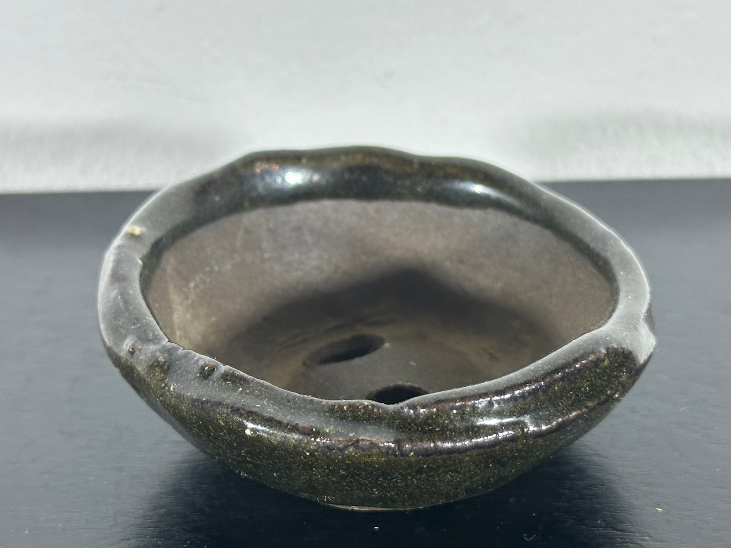 Preowned Japanese Tokoname Mame Glazed Round Bonsai Pot with Rozan - 3” By 1 1/8”