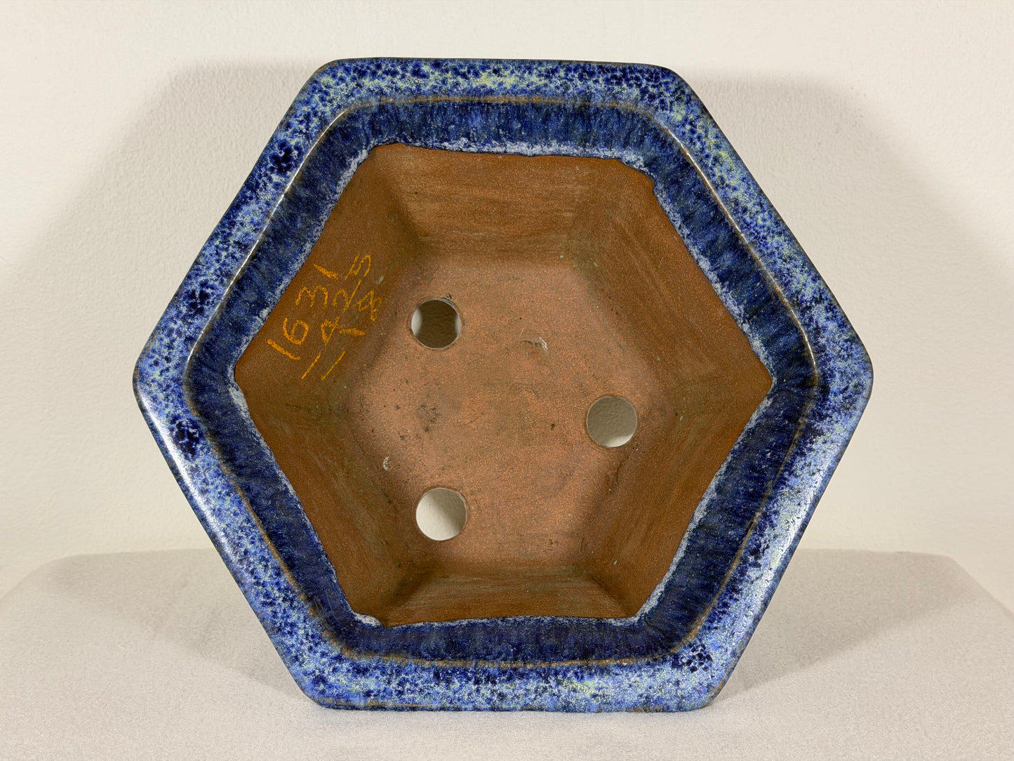 Preowned Japanese Tokoname Glazed Hexagon Shape Bonsai Pot Syuho - 11” By 9.75”