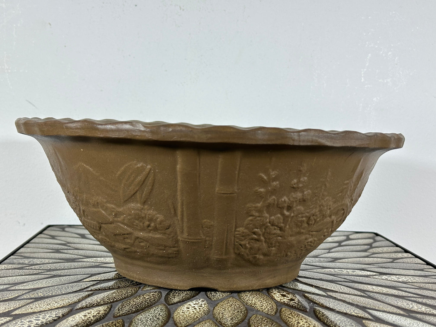 Preowned Japanese Tokoname Unglazed Round Bonsai Pot - 12.5” By 5”