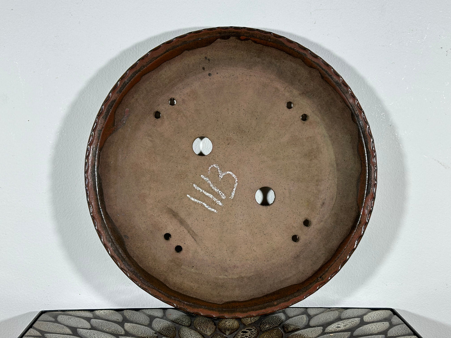 Preowned Japanese Tokoname Glazed Round Shallow Bonsai Pot Shigaraki - 12.75” By 1.35”