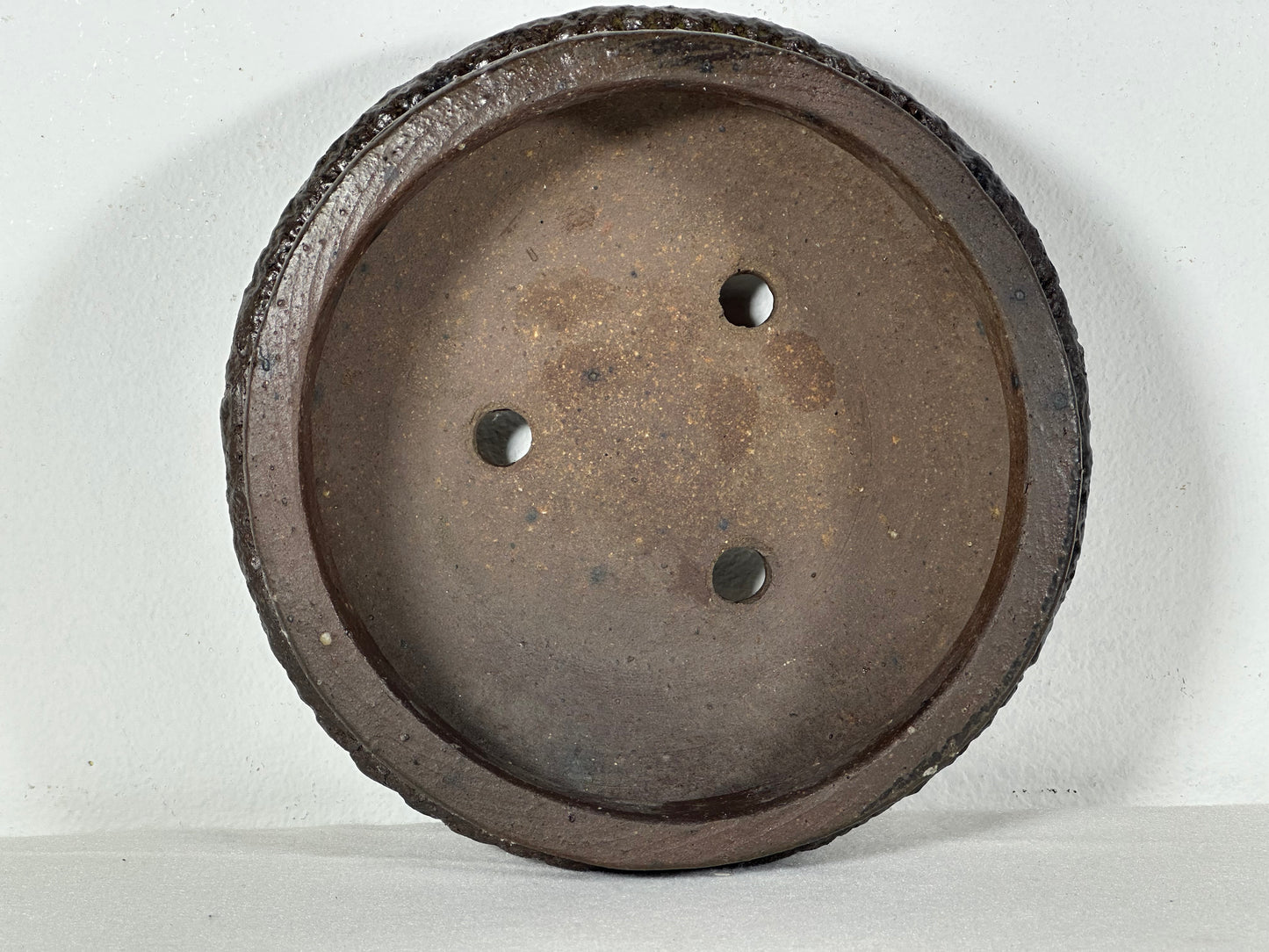 Preowned Japanese Unglazed Bag Style Round Bonsai Pot Shigaraki - 6.5” By 2.5”