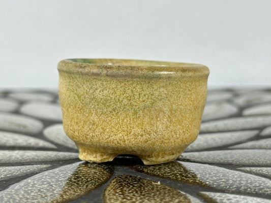 Preowned Japanese Tokoname Glazed Round Bonsai Pot with Stamps - 1.75” By 1 1/8”