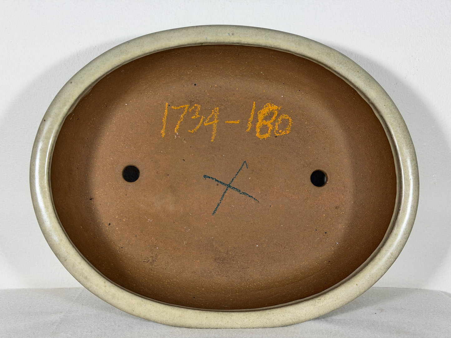 Preowned Old China Glazed Oval Bonsai Pot with Stamps - 12” By 9.5”