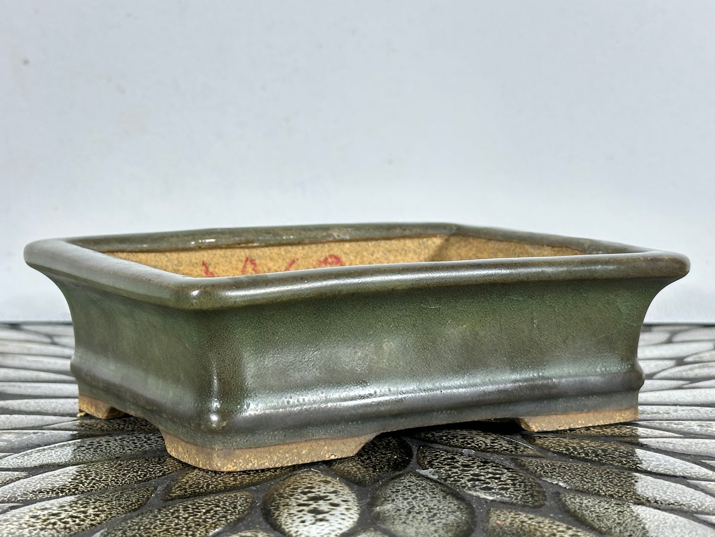 Preowned Japanese Tokoname Glazed Rectangular Bonsai Pot Hatutori with patina - 6.25” By 5”