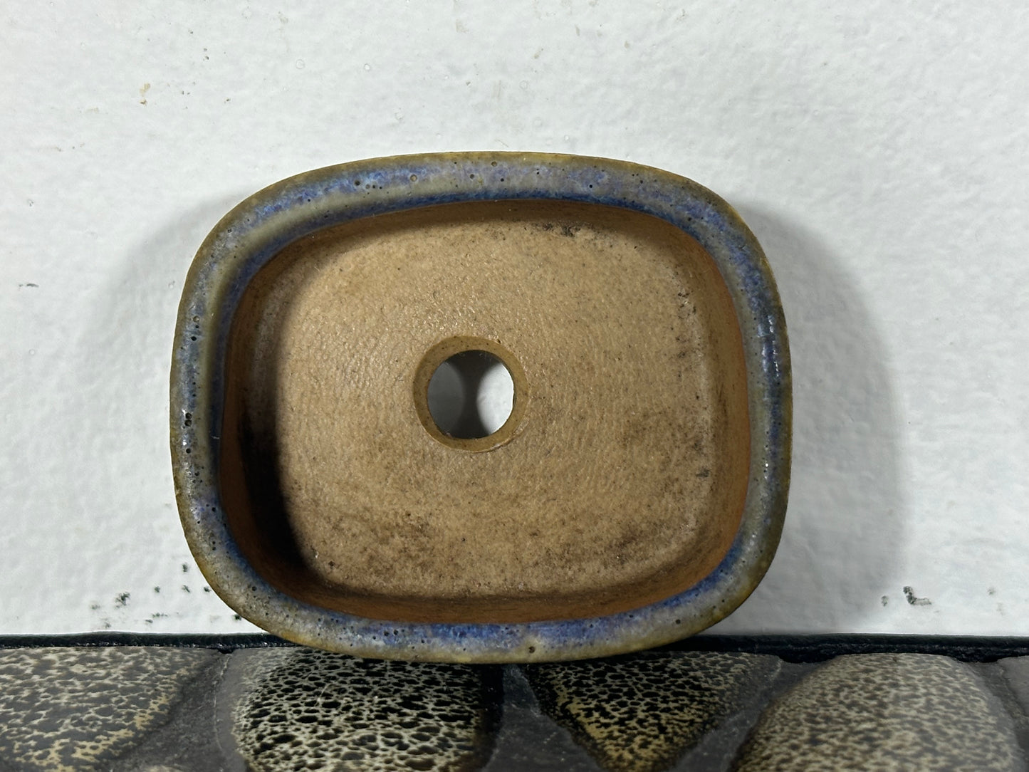 Preowned Japanese Tokoname Glazed Rectangular Bonsai Pot with Stamp - 2” By 1 5/8”