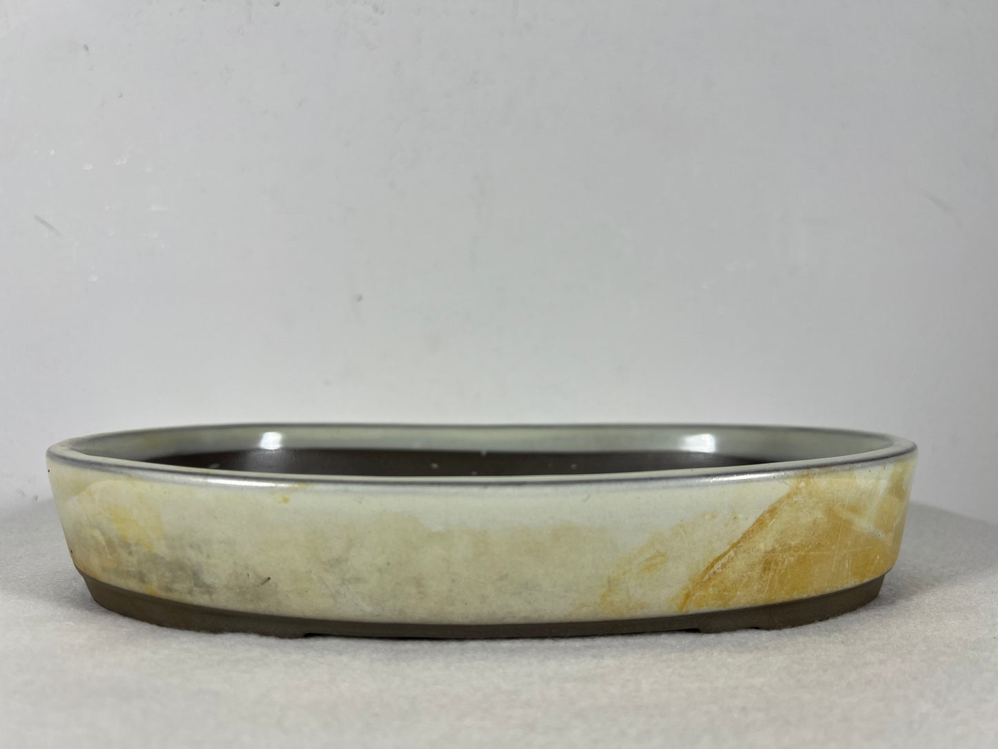 Preowned Japanese Tokoname Glazed Oval Shallow Bonsai Pot with patina - 10” By 7”