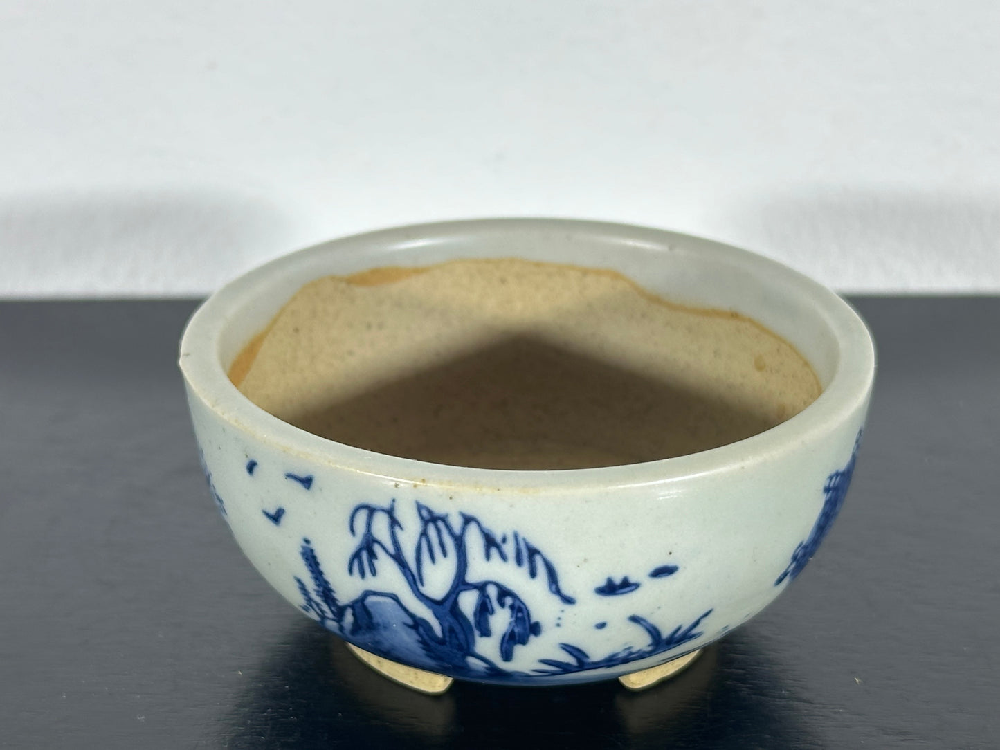 Preowned Japanese Tokoname Hand Painted Round Bonsai Pot Marutou with Patina - 2.75” By 1.25”