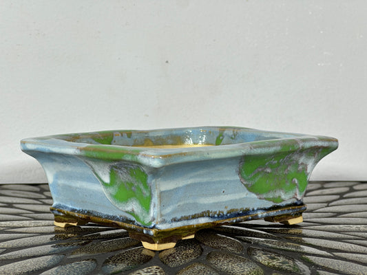 New Japanese Tokoname Glazed Rectangular Bonsai Pot Keiun - 6.25” By 5 3/8”