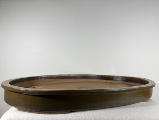 Preowned Japanese Tokoname Glazed Shallow Oval Bonsai Pot Hisyoku - 22” By 14.5”