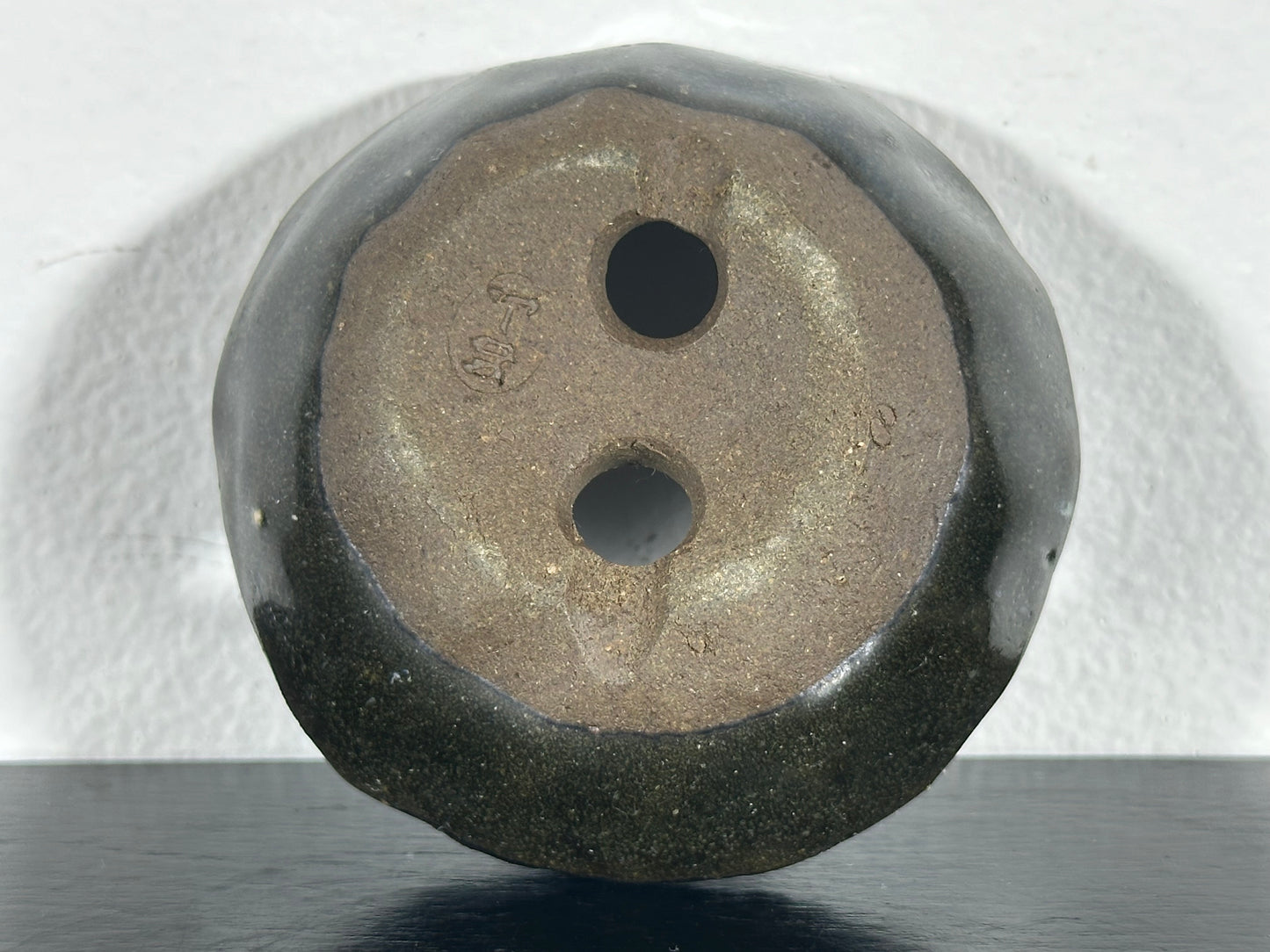 Preowned Japanese Tokoname Mame Glazed Round Bonsai Pot with Rozan - 3” By 1 1/8”