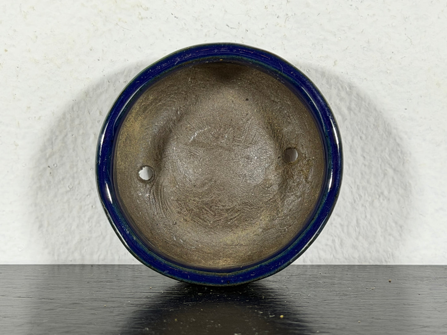Preowned Japanese Tokoname Glazed Round Bonsai Pot with Stamp - 1.75” By 5/8”