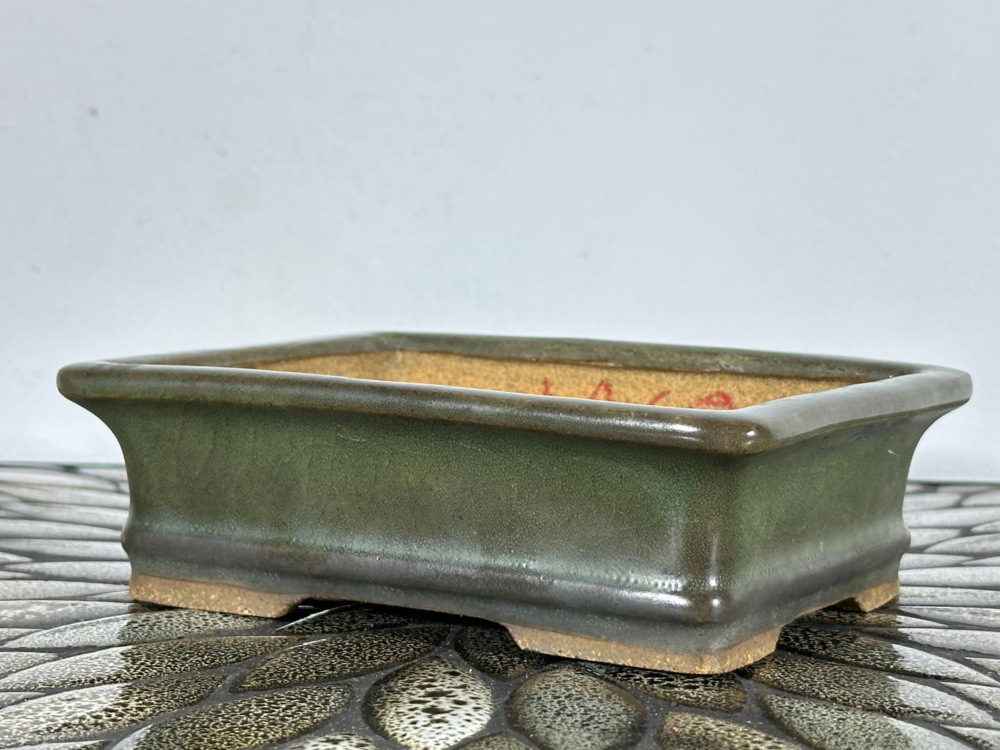 Preowned Japanese Tokoname Glazed Rectangular Bonsai Pot Hatutori with patina - 6.25” By 5”