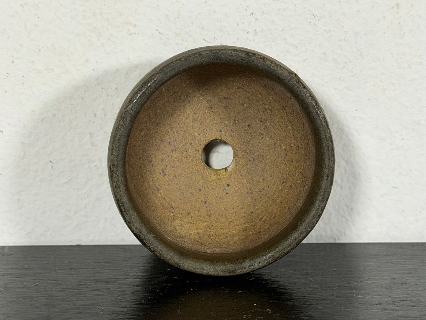Preowned Japanese Tokoname Glazed Round Bonsai Pot With Stamp - 2” By 1 1/8”