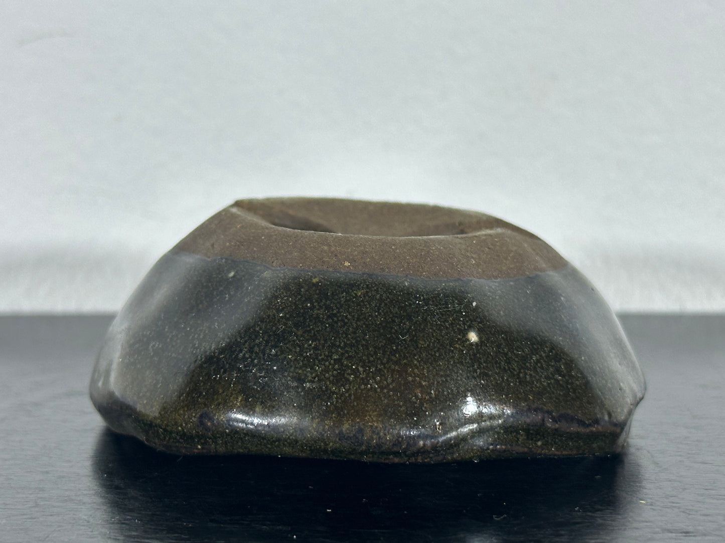 Preowned Japanese Tokoname Mame Glazed Round Bonsai Pot with Rozan - 3” By 1 1/8”