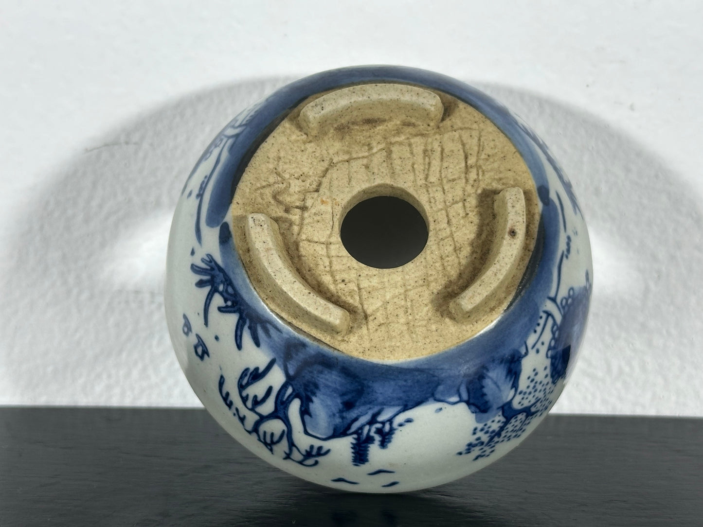 Preowned Japanese Tokoname Hand Painted Round Bonsai Pot Marutou with Patina - 2.75” By 1.25”