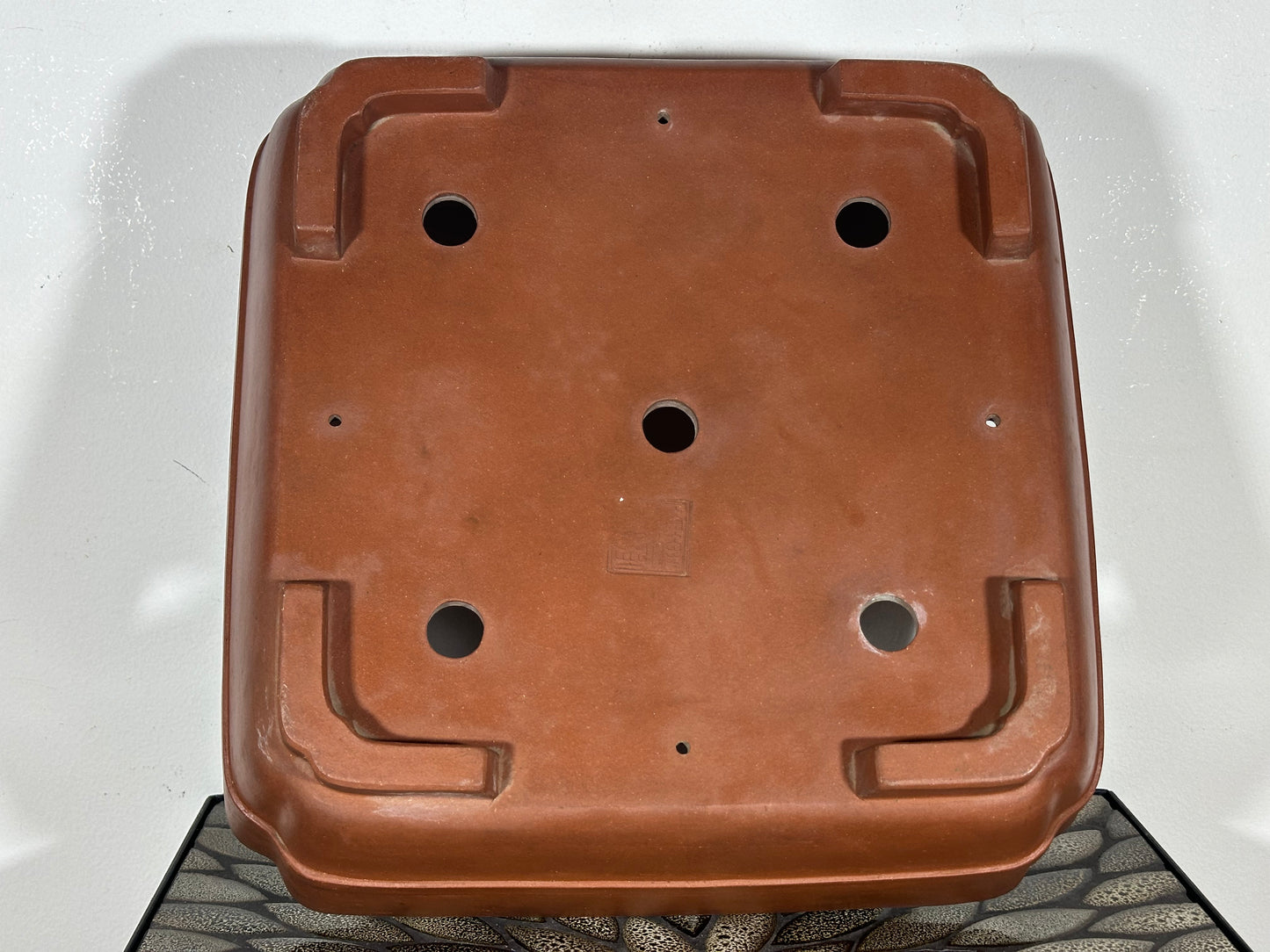 Preowned Japanese Tokoname Unglazed Square Bonsai Pot with Stamps - 13.25” By 13 1/8”