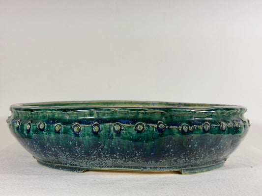 Preowned Japanese Tokoname Glazed Drum Style High Quality Bonsai Pot Syuhou Yoshimura - 12.75” By 3 1/8”