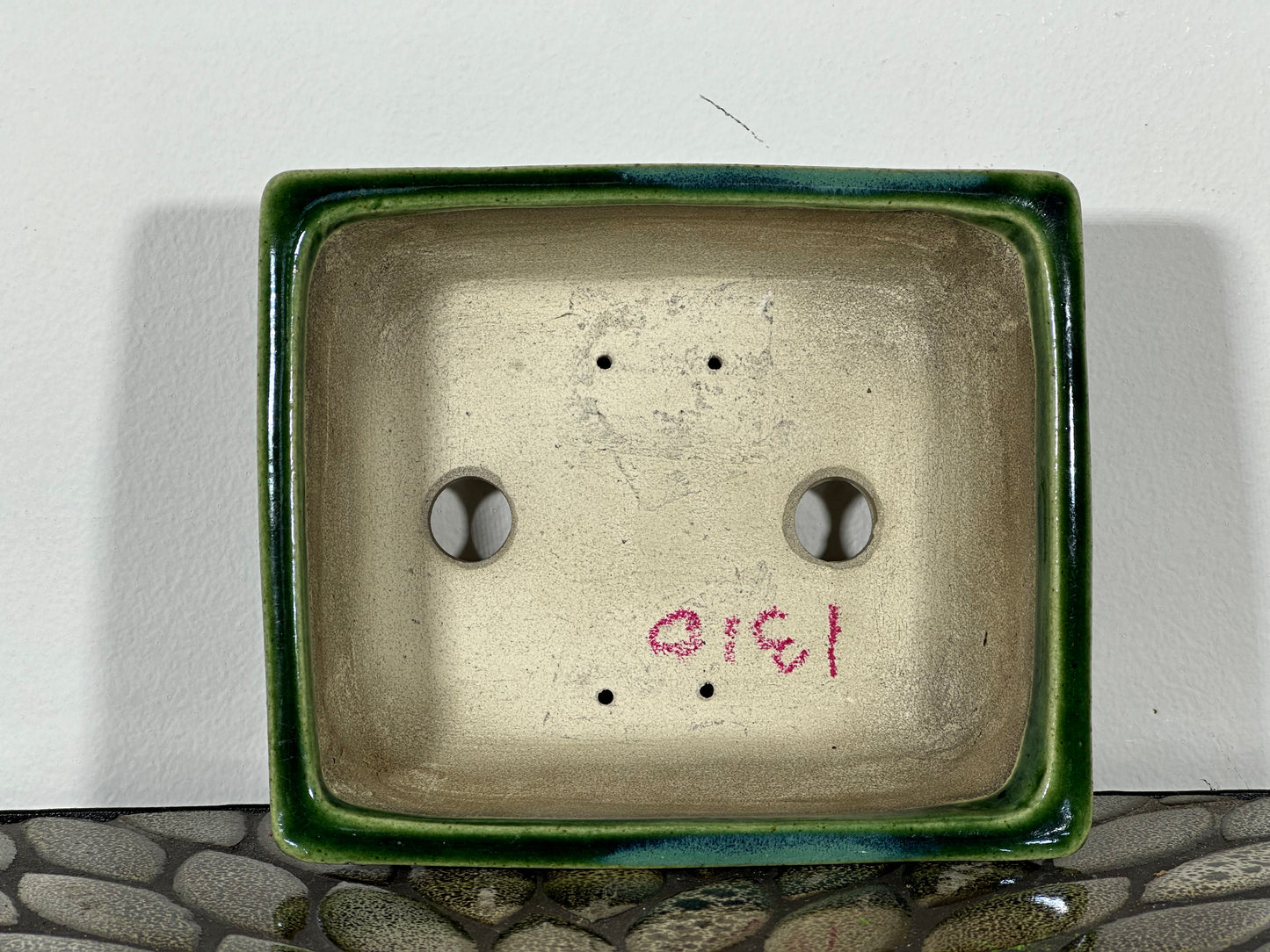 Preowned Japanese Tokoname Glazed Rectangular Bonsai Pot Satomi - 6 3/8” By 5 3/8”