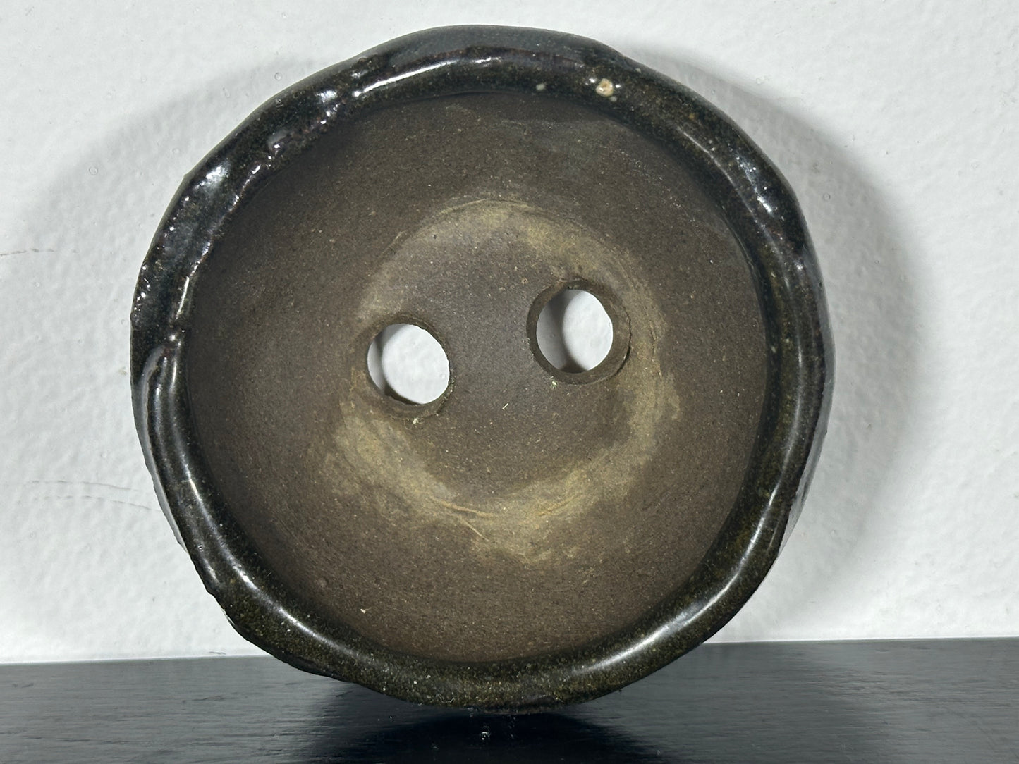 Preowned Japanese Tokoname Mame Glazed Round Bonsai Pot with Rozan - 3” By 1 1/8”