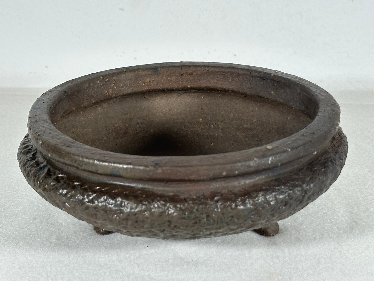 Preowned Japanese Unglazed Bag Style Round Bonsai Pot Shigaraki - 6.5” By 2.5”
