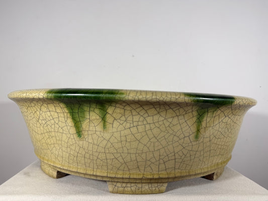 Preowned Vintage Japanese Tokoname Glazed Round Bonsai Pot Mazan Terahata - 20.75” By 6.25”