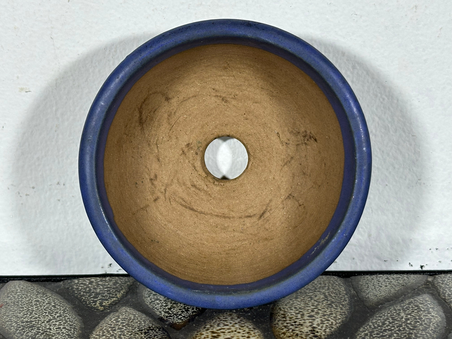 Preowned Japanese Tokoname Glazed Round Bonsai Pot with Stamps - 3 3/8” By 1 3/8”