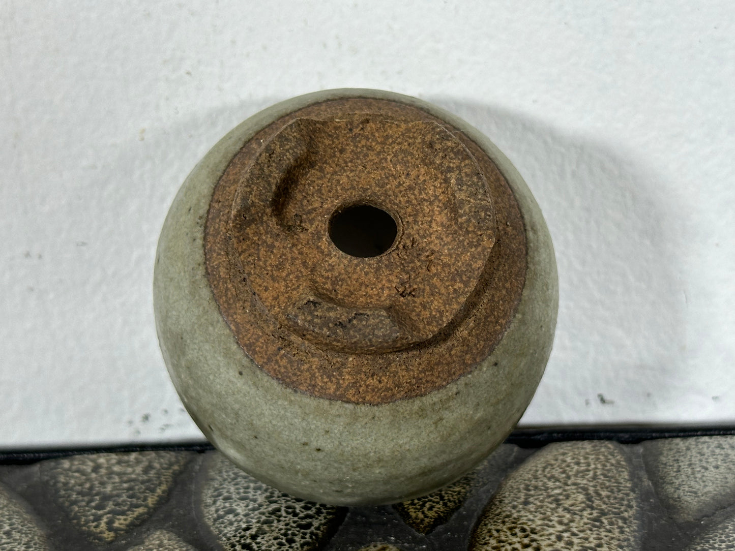 Preowned Japanese Tokoname Glazed Round Bonsai Pot with Stamps - 2.25” By 1.5”