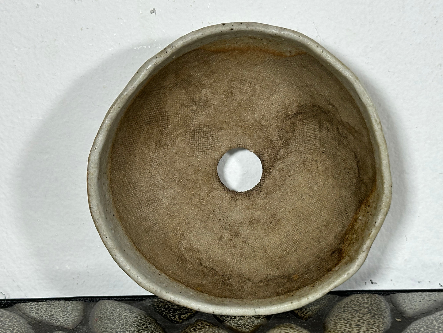 Preowned Japanese Tokoname Glazed Round Bonsai Pot with Stamps - 4” By 1.25”