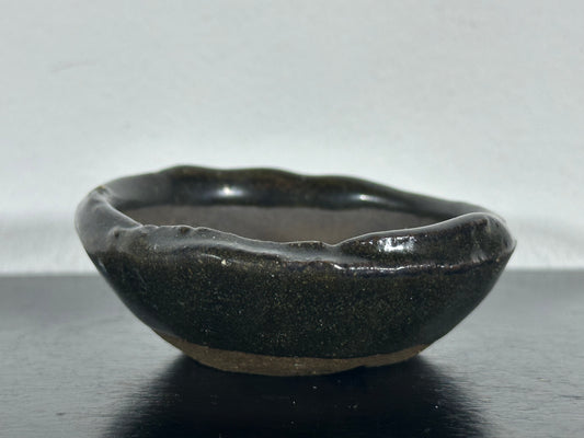 Preowned Japanese Tokoname Mame Glazed Round Bonsai Pot with Rozan - 3” By 1 1/8”