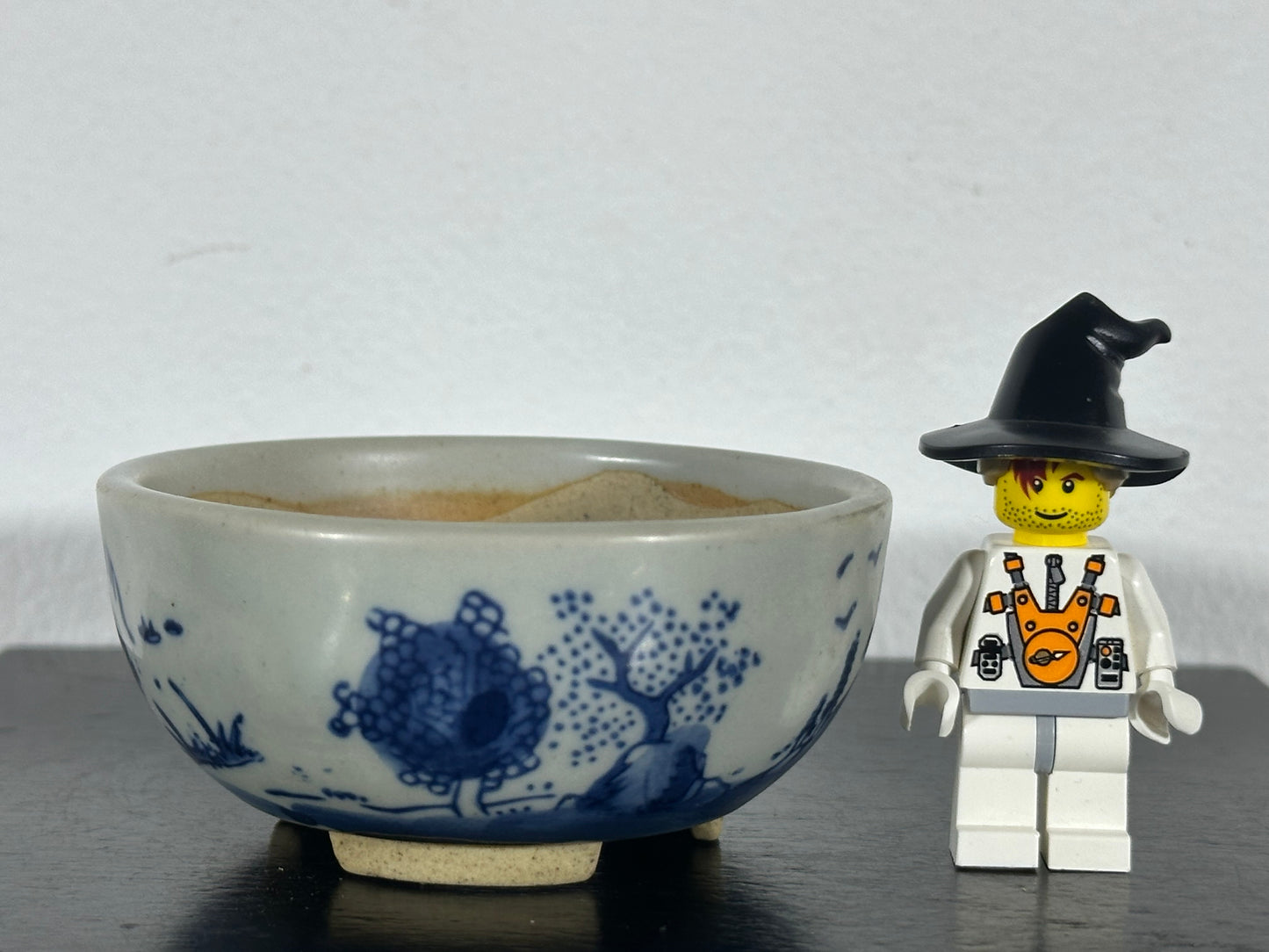 Preowned Japanese Tokoname Hand Painted Round Bonsai Pot Marutou with Patina - 2.75” By 1.25”