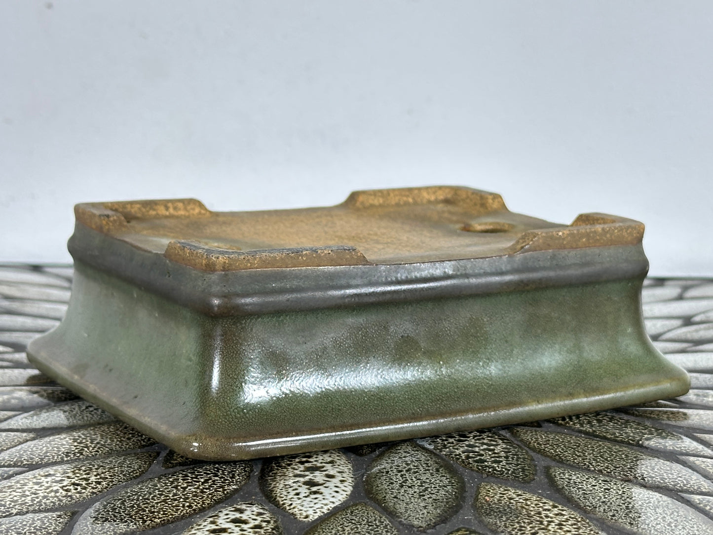 Preowned Japanese Tokoname Glazed Rectangular Bonsai Pot Hatutori with patina - 6.25” By 5”