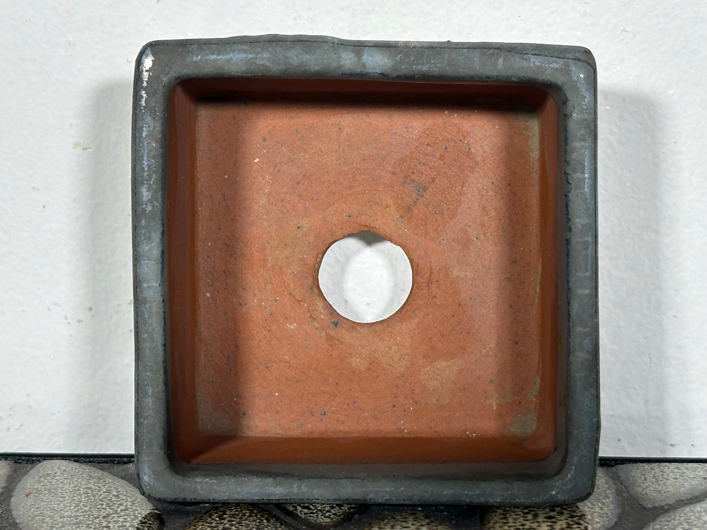 Preowned Japanese Tokoname Glazed Square Bonsai Pot with Stamp - 3.35” By 1 5/8”