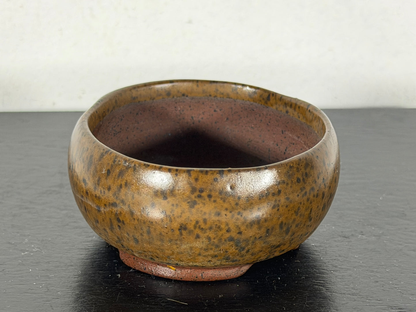 Preowned Japanese Tokoname Glazed Round Bonsai Pot With Stamp - 2.25” By 1 1/8”
