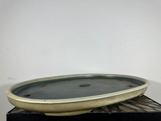 Preowned Japanese Tokoname Glazed Shallow Oval Bonsai Pot Harumatu - 22.25” By 16”