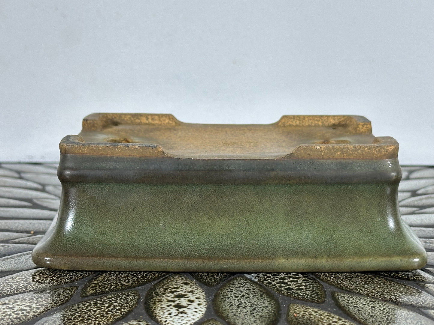 Preowned Japanese Tokoname Glazed Rectangular Bonsai Pot Hatutori with patina - 6.25” By 5”