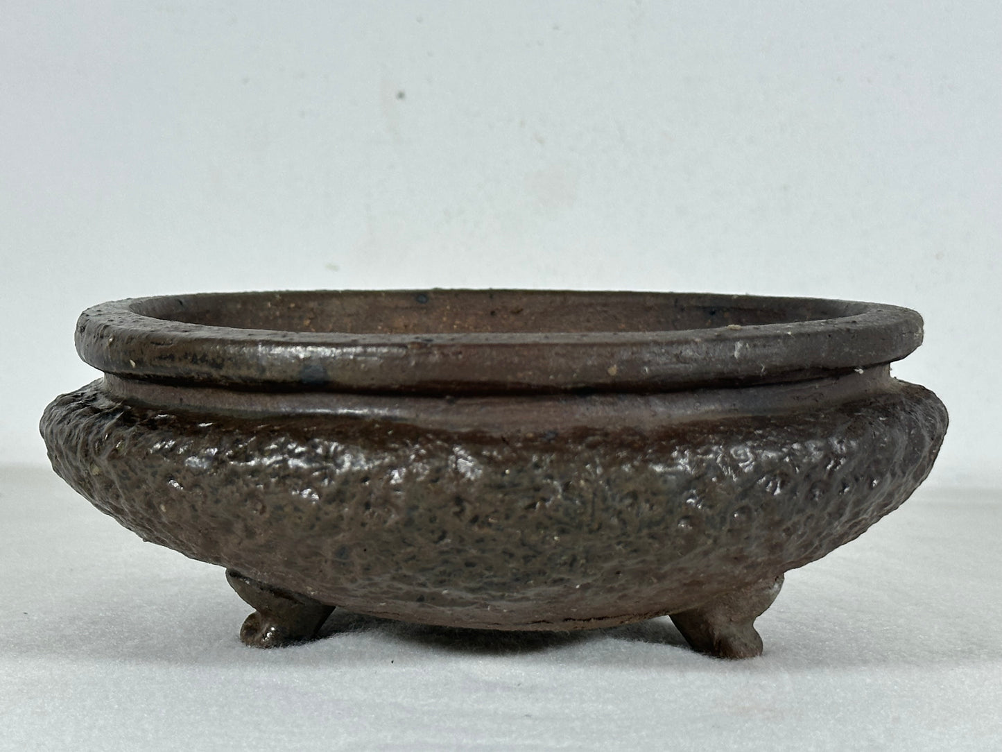Preowned Japanese Unglazed Bag Style Round Bonsai Pot Shigaraki - 6.5” By 2.5”