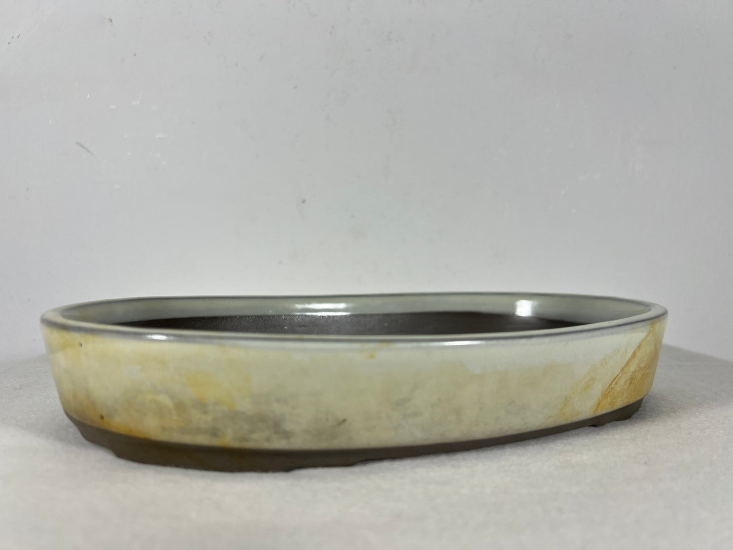 Preowned Japanese Tokoname Glazed Oval Shallow Bonsai Pot with patina - 10” By 7”